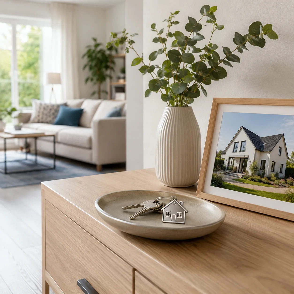 Schluessel und Hausfoto in einem hellen Zuhause