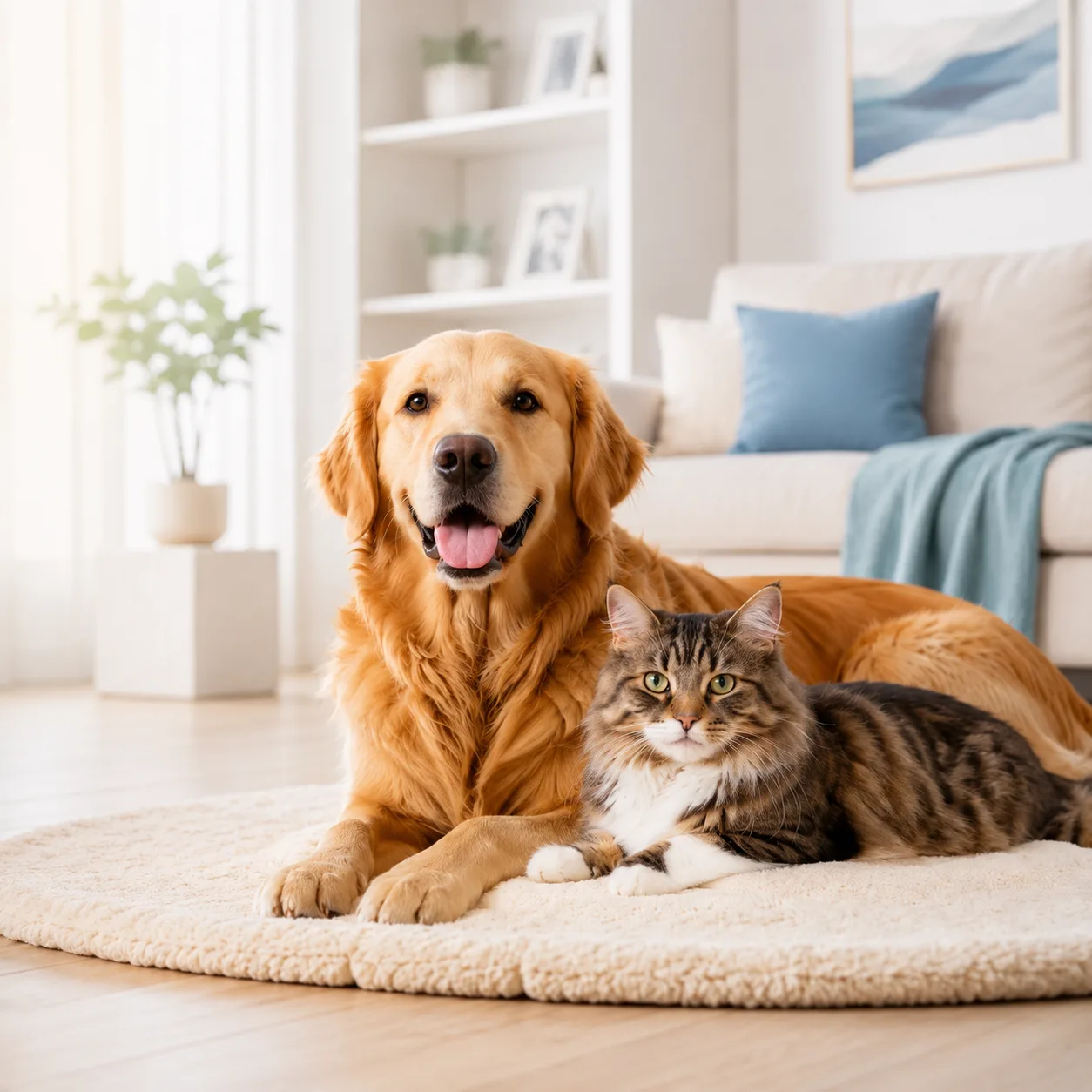 Hund und Katze in einem hellen Wohnzimmer